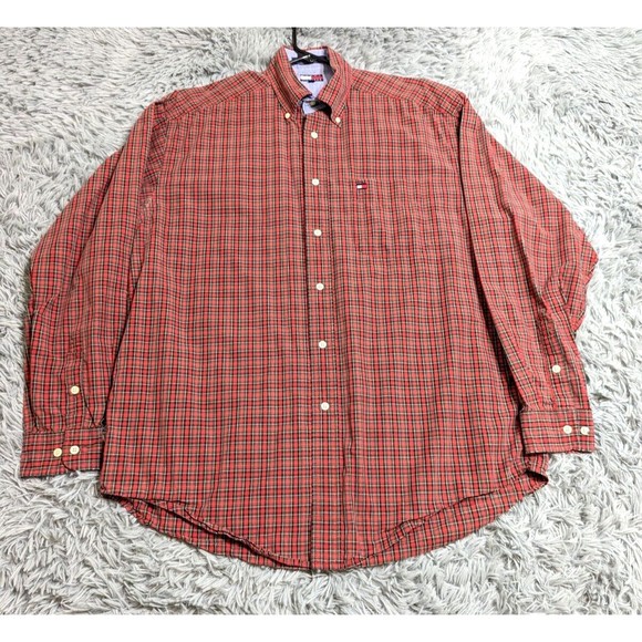 Tommy Hilfiger Shirt Mens Medium M Long Sleeve  Button Up Red Green Check Cotton - Picture 1 of 11